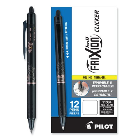 Pilot FriXion Clicker Erasable Retractable Gel Pen, 1 mm, Black, PK12 11384